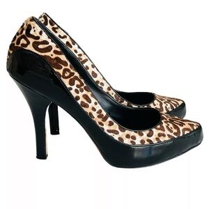 White House Black Market WHBM leopard print animal hair patent heels Size 9